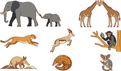 African wildlife and safari animals vector illustration set featuring elephant family giraffes running cheetah leaping gazelle monkey pangolin aardvark and galago bushbaby © MstHura