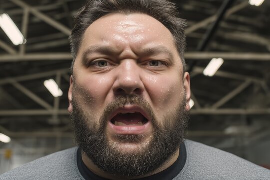 A bearded man shouts toward the camera with furrowed brows indoors, angry expression, emotional tension, human emotion