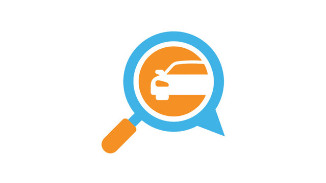 Minimalist magnifying glass icon featuring stylized car silhouette for automotive search and digital commerce web marketing