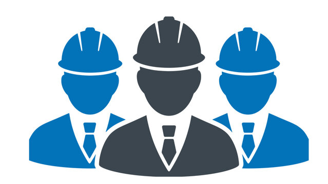 Three professional engineers wearing safety hard hats depicted as a clean blue and grey vector icon