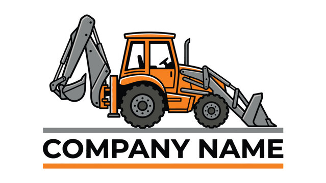 Orange backhoe loader construction vehicle vector illustration with bold lines and a professional minimalist logo design
