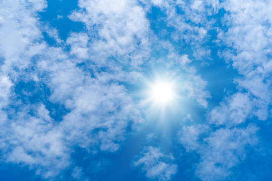 Hot sun in the blue sky, sunny weather and extreme temperature background