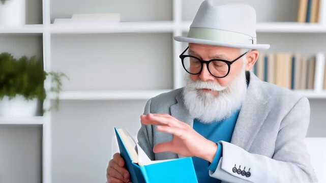 Elderly man with white beard and glasses reads a blue book while seated in a bright modern home interior