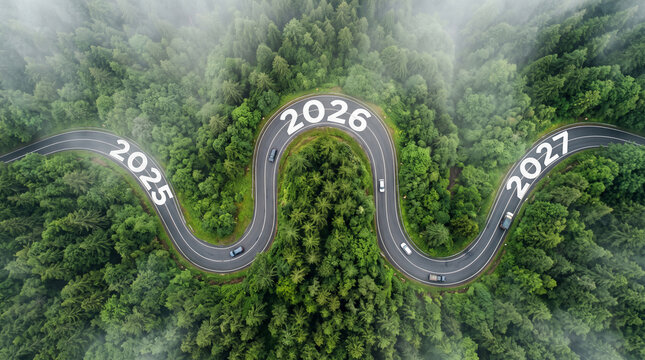 Winding forest road with 2025 2026 and 2027 numbers, aerial view of curved highway representing future planning, business roadmap concept isolated on White Background