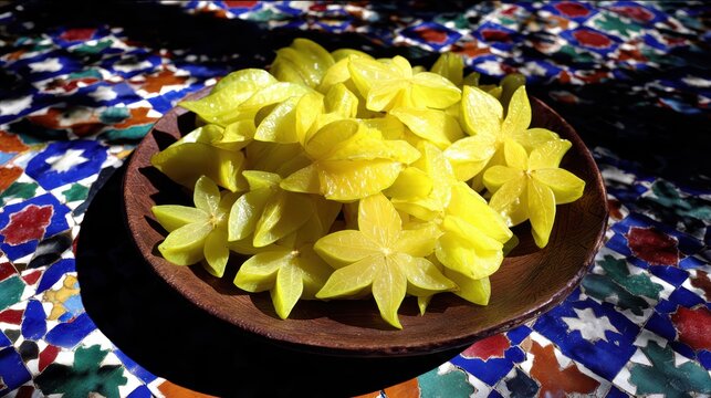 Star Fruit Slices on Ceramic Plate: A close-up view of vibrant, star-shaped fruit slices arranged artfully on a dark ceramic plate, set against a colorful, patterned textile.