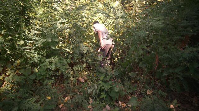 A man dressed in outdoor clothing pushes his way through dense, green vegetation and overgrown thickets in a wilderness setting.