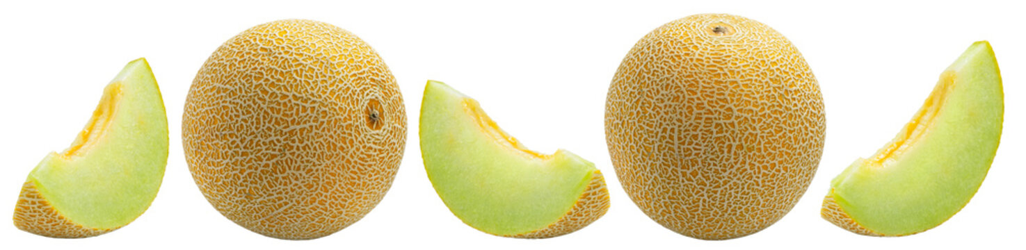 Isolated cantaloupe melons and slices of muskmelon. Juicy melon and slice of melon isolate on white.
