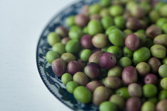 Fresh green and purple olives on a decorative ceramic plate
