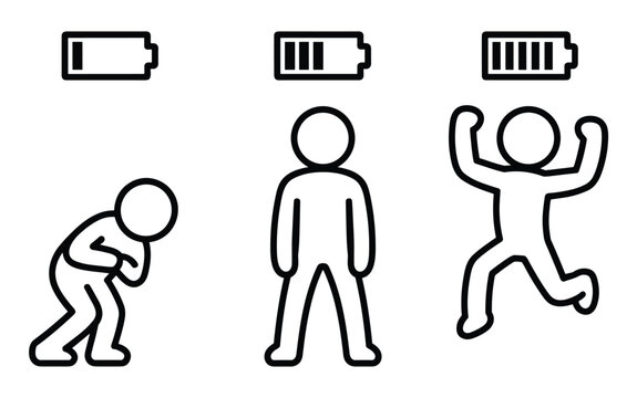 Energy Levels Depicted: A set of three simple line-art figures representing a person with low, medium, and high energy levels, each accompanied by a battery icon indicating their power status.