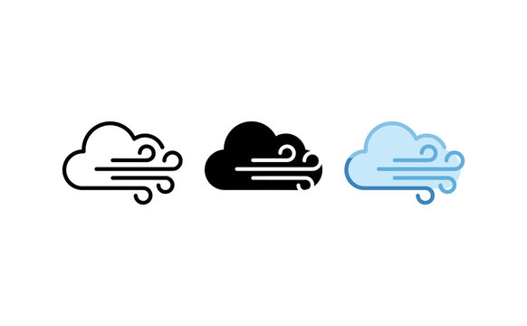 Minimalist windy cloud icons in outline glyph and color styles on white