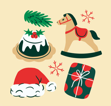 Vector illustration of rocking horse, Christmas pudding, Santa hat, gift box, pine branch and snowflakes in festive holiday style