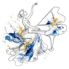 Fototapeta premium One Line Pianist Lifting Hand After Final Chord