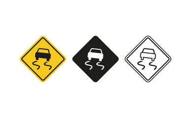 Slippery road sign icon set in yellow, black, and outline styles isolated on white © ＰＮＧ・アート
