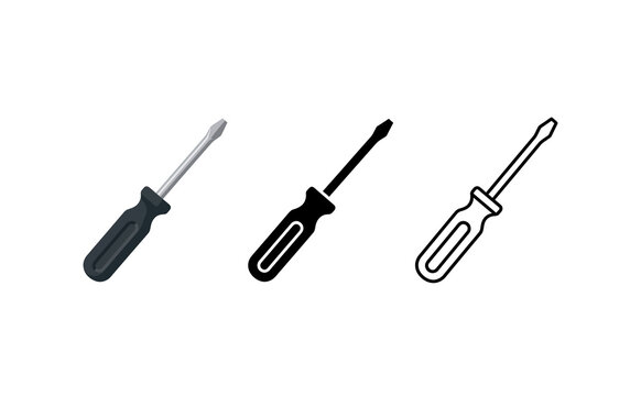 Minimalist screwdriver set icons featuring realistic black and outline vector styles