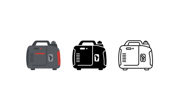 Modern portable inverter generator icon set in flat color black and outline styles