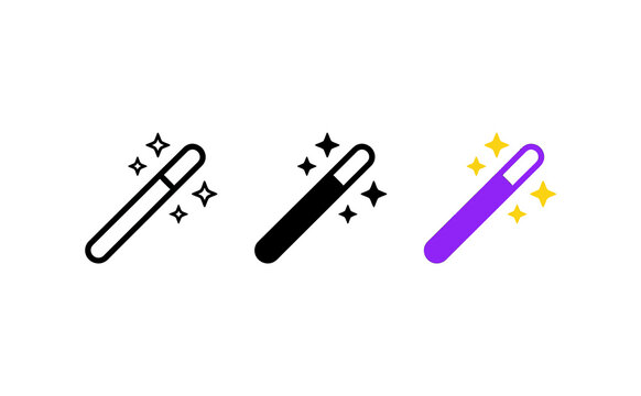 Minimalist magic wand vector icons set with sparkling stars on white background