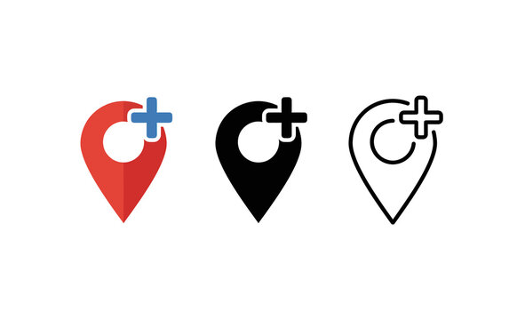 Minimalist map pin icons with plus symbol in various styles against white background
