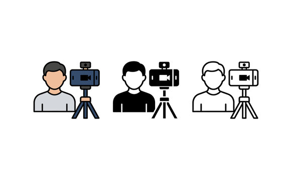 Minimalist influencer live streaming icon set showing creator with smartphone on tripod
