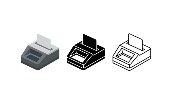 Minimalist isometric credit card machine icons in various styles on white background