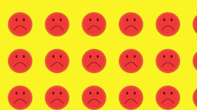 Red sad face emojis repeat in a grid over a bright yellow backdrop, expressing frowning disappointment. Looping animation with flat cartoon styling. Bold visual for mood and emotion themes.