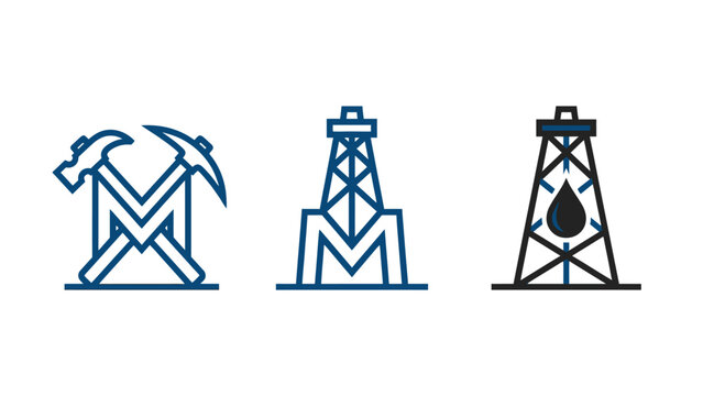 Minimalist blue and black industrial vector icons featuring crossed mining tools and tall oil drilling rigs