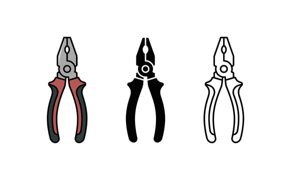 Minimalist pliers icon set featuring three distinct styles on white background
