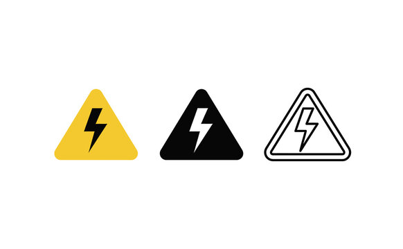 Minimalist high voltage warning sign icons featuring yellow black and outline styles