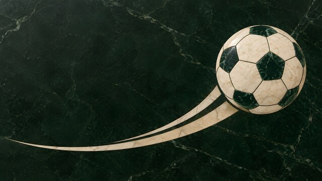 sports football stone inlay ball following a curved path on dark green marble