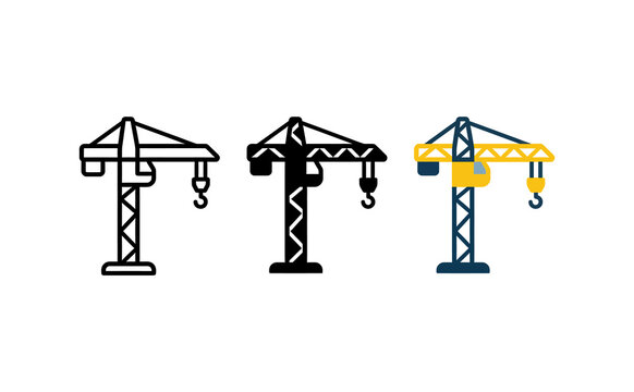 Minimalist construction crane icons in outline, solid, and colored vector styles