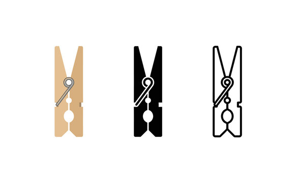Minimalist wooden clothespin icon set featuring flat and outline vector styles