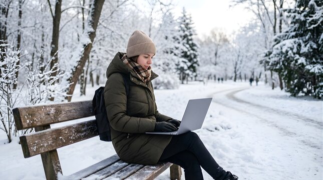 Young woman sitting on a wooden bench in a snowy park using a laptop