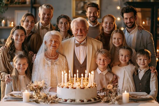 Grandparents Celebrate Wedding Anniversary With Family and Friends Gathered Around a Cake in a Cozy Setting