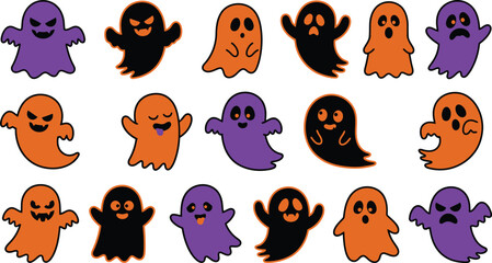 Obraz premium Collection of cute halloween ghost characters in orange purple and black