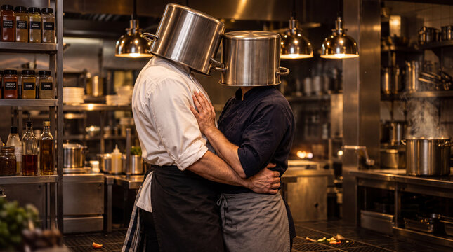 Two Chefs Embracing with Cooking Pots on Their Heads in a Professional Kitchen