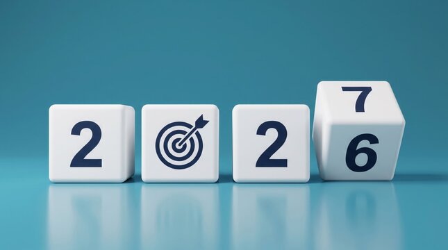 White plastic blocks showing the year transition from twenty twenty six to twenty twenty seven with a target icon symbol