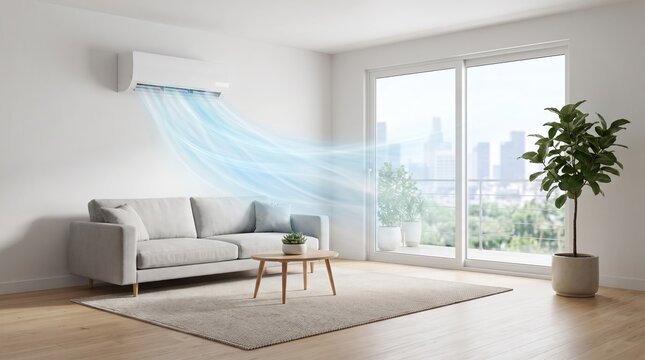 Modern white air conditioner unit blows cool refreshing breeze into a bright apartment living room with minimalist style and decor
