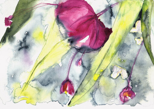 Abstract Magenta Flowers and Green Leaves, Expressive Hand-Painted Watercolor