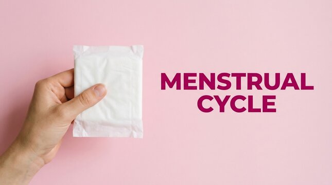 Hand holding a wrapped sanitary pad on a pink background with