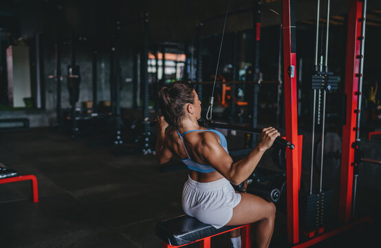 Three quarter back view of Hispanic woman doing lat pulldown exercise on machine, athletic female training upper body back muscles in gym setting, strength workout, copy space.