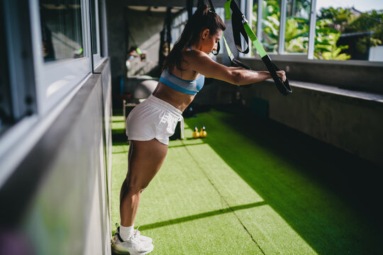 Functional fitness TRX suspension training routine shows athletic Hispanic female athlete holding suspension straps on artificial grass inside gym room, practicing active wellness goals