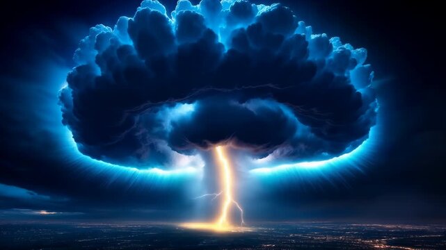Glowing blue mushroom-shaped storm cloud pulses above a dark horizon with a bright vertical lightning core