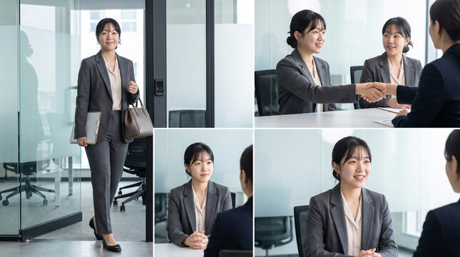 面接への到着、握手、話し合いの場面をまとめた若い日本人女性のコンピレーションモンタージュ