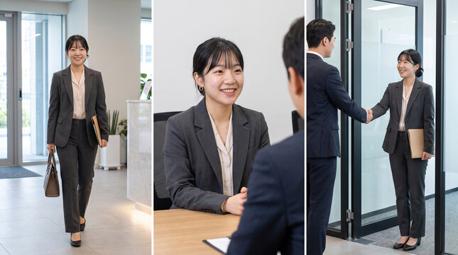 オフィスへの入室、面接での話し合い、挨拶の場面をまとめた若い日本人女性のコンピレーションモンタージュ
