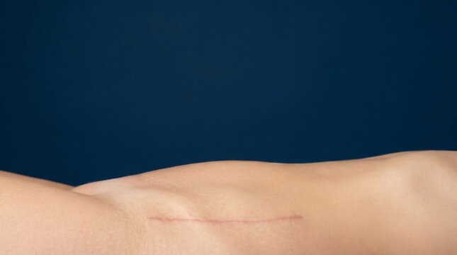 Close-up of a healed surgical scar on a person's abdomen with blue