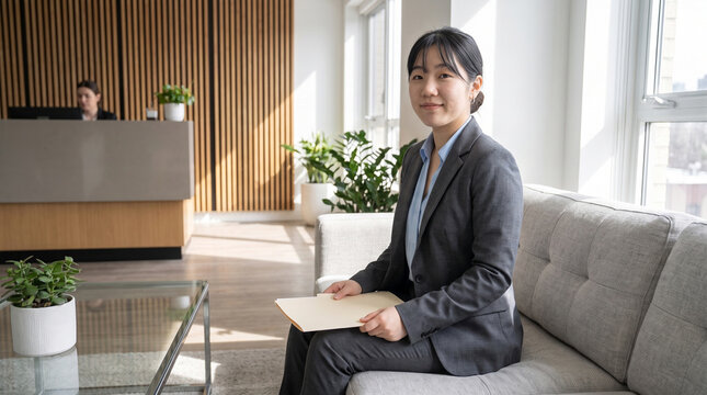 モダンなオフィスロビーのソファに座りフォルダーを持ってカメラを見る若い日本人女性 : 就職面接の準備をする葵シリーズ・パート13