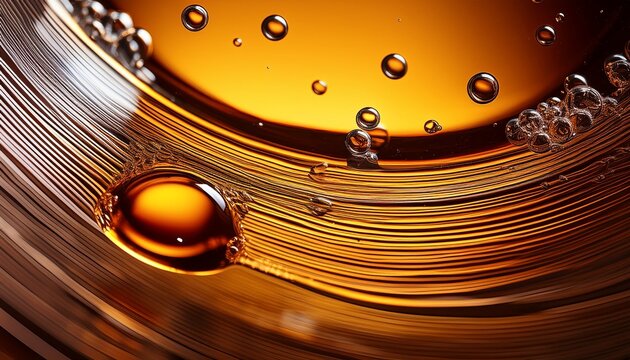 luminous amber liquid and rippled glass with suspended bubbles