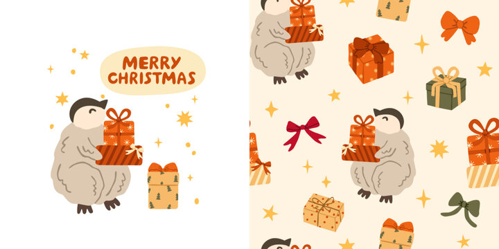 Christmas penguin greeting card and seamless pattern. Cute Xmas background with polar bird, gifts, ribbons, Merry Christmas lettering sign. Hand drawn design for holiday. Flat vector illustration.