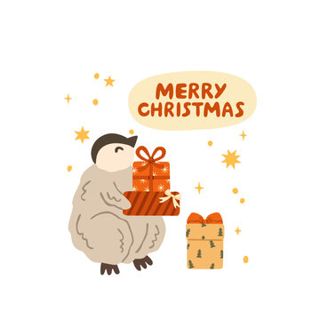 Merry Christmas card with cute penguin holding gifts box. Xmas lettering and polar bird holding presents with ribbon bow. Festive greeting, cozy holiday. Flat vector illustration, hand drawn.