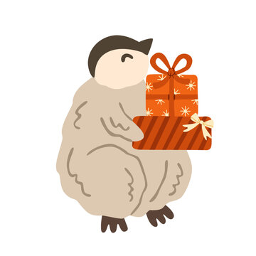 Cute penguin holding Christmas gifts box with ribbons. Cozy hand drawn polar bird with Xmas presents with bow. Winter holiday character for seasonal cards, celebrations. Flat vector illustration.