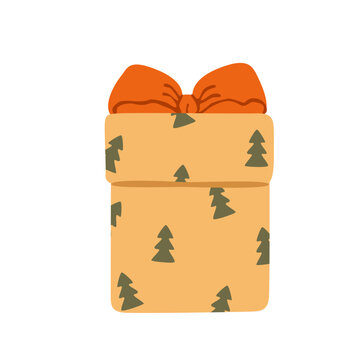 Christmas gift box with bow and evergreen tree pattern. Cute Xmas present for festive holiday. Hand drawn winter celebrations design. Flat vector illustration.